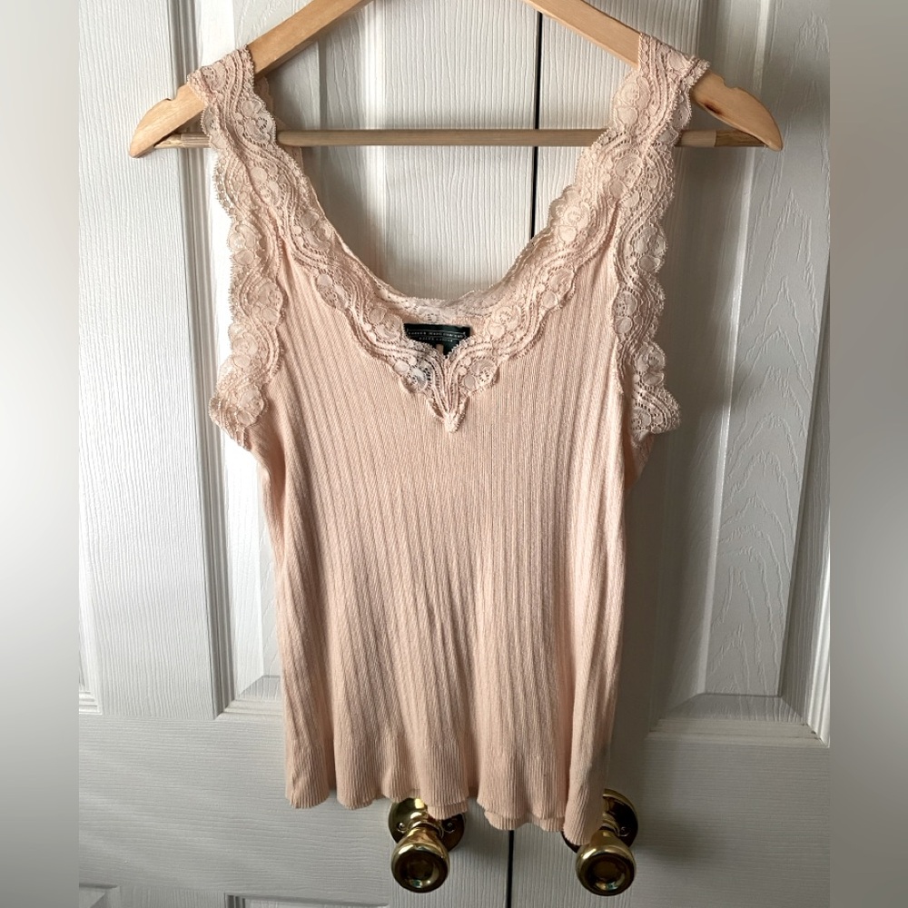 LAUREN JEANS COMPANY Peach Ribbed Knit Cotton Lace Trimmed Cami Tank Top SZ M
